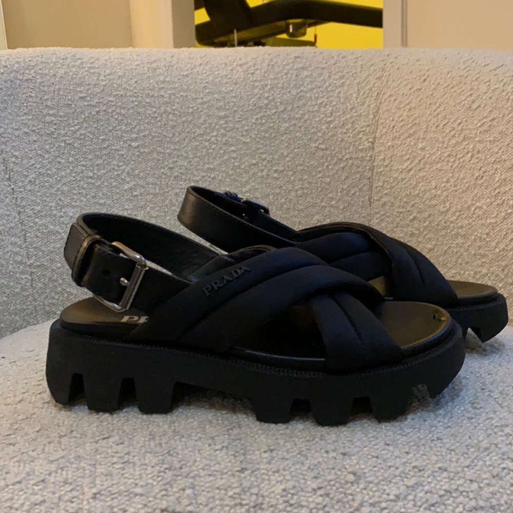 100% Auth Prada Black Lug-Sole Slingback Sandals - 35